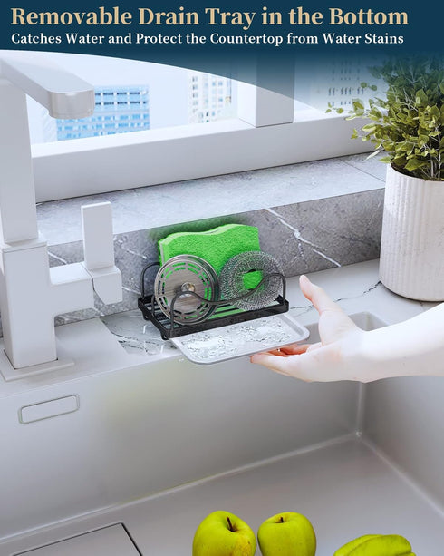 Movable Sponge Holder for Kitchen Sink, 304 Stainless Steel Caddy with Detachable Drip Tray for Countertop