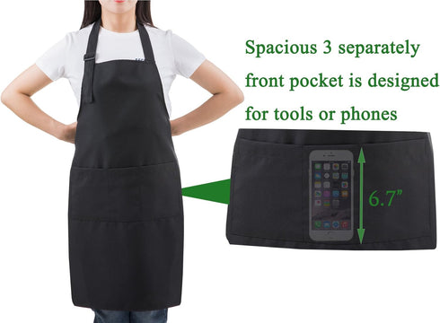 Black Professional Resist Water Adjustable Extra Long Bib Apron - 3 Pockets for Home Kitchen, Garden, Restaurant