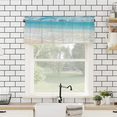 Tropical Ocean Beach Window Valance, 60" W x 18" L, Blue Sky Sea Island Design Rod Pocket Curtain for