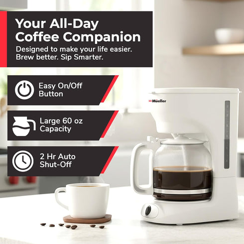 12-Cup MUELLER HOME White Coffee Maker - Borosilicate Carafe, Auto-Off, Reusable Filter, Anti-Drip, Keep-Warm Function