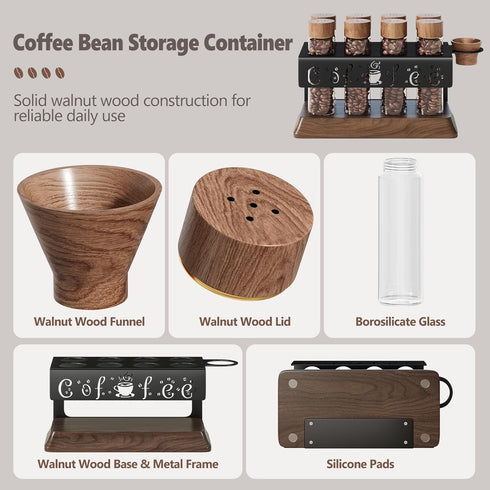 8Pcs Single Dose Coffee Bean Storage Tubes with One-Way Exhaust Valve,Coffee Bean Container with American Walnut Wood