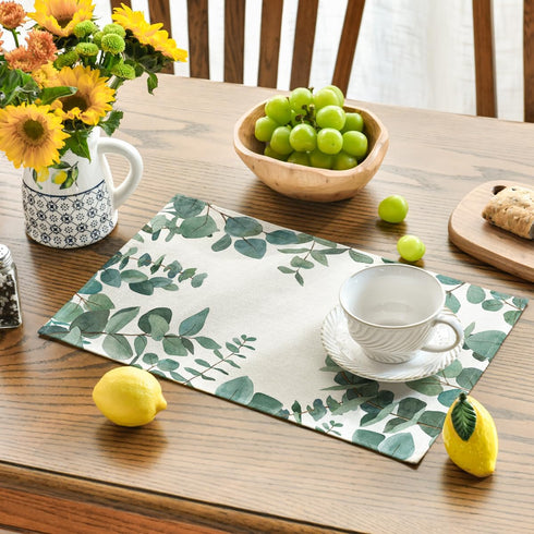 Artoid Mode Eucalyptus Leaves Summer Placemats for Dining Table, 12 x 18 Inch Set of 4 Green Rustic Vintage Washable