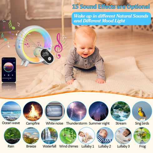 15 Snooze,Timer, Wake Up Light, Smart Sunrise Alarm Clock for Kids Baby Sound Machine with Soothing Sounds Bluetooth