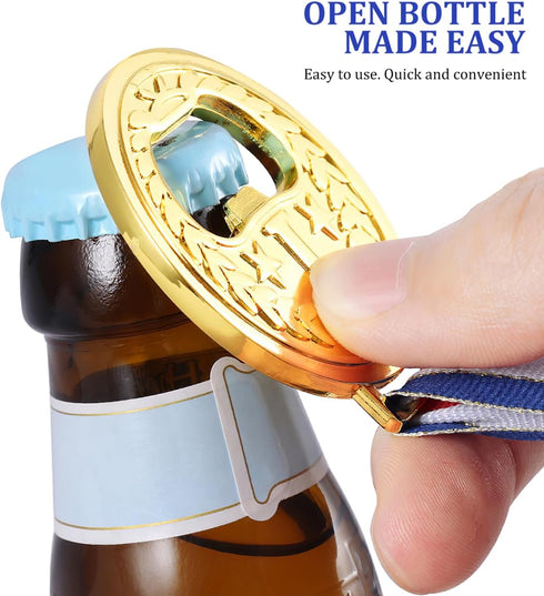 2PCS Medal Shaped Bottle Opener, Gold Medal Beer Opener with Neck Ribbon for Bar Bartender