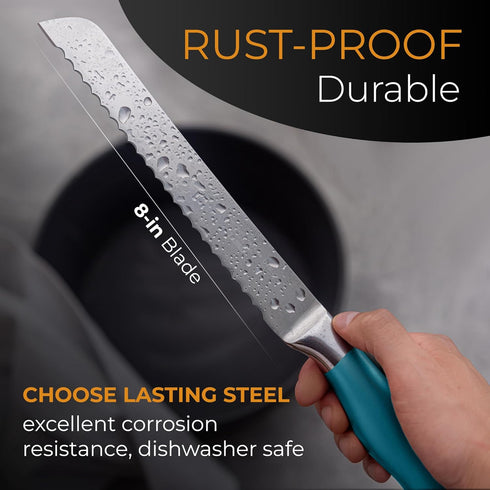 Orblue Serrated Bread Knife, Ultra-Sharp Stainless Steel Professional Grade Cutter - 8-Inch Blade with 5-Inch Handle,