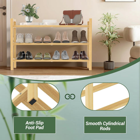 Closet, 3-Tier) Haddockway Bamboo Shoe Rack for Free Standing Shoe Organizer with Smooth Round Rods & Convenient