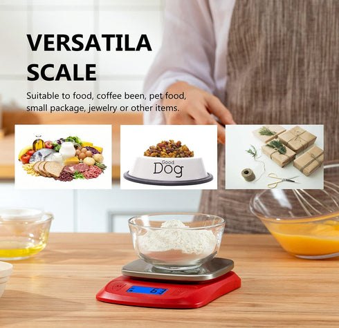 NUTRI FIT Ultra Slim Digital Kitchen Food Scale in Red/Stainless Steel, 1g Increment Measure for Coffee Making