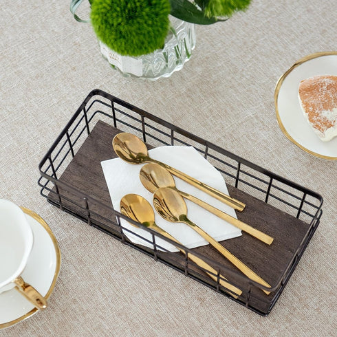 ROSE BLOOM Small Metal Wire Storage Basket: Decorative Wood Base Organizer for Bathroom, Kitchen, Wall Mounted or