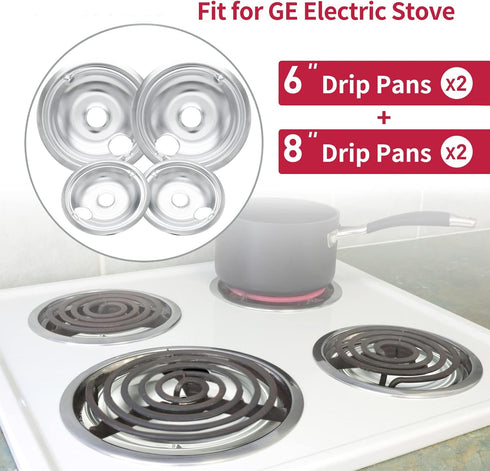WB31T10010 and WB31T10011 Drip Pans for Electric Stove - Compatible with GE Range Stove - Thickening to Prevent Bending and Rust-Includes a Set of 4 Stove Drip Pans, Silver