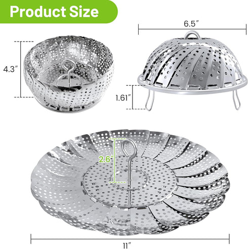 Vegetable Steamer Basket, Premium Stainless Steel - Folding Expandable Steamers Fits Various Size Pot (Extra Large 6.5"