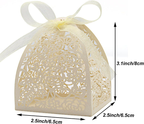 KPOSIYA 100 Pack Laser Cut Rose Candy Favor Boxes 2.5"x 2.5"x 3.1" for Bridal Shower, Anniversary, Birthday Party