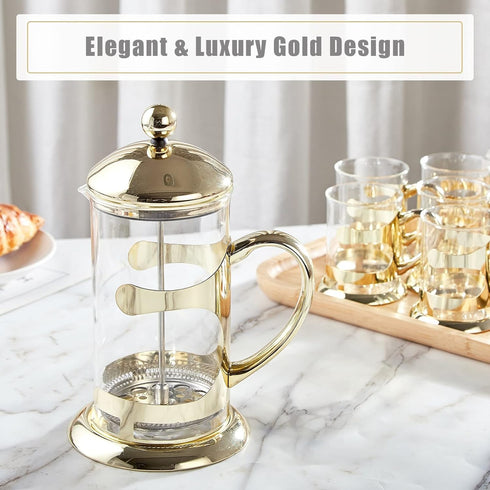 DUJUST Gold French Press Coffee Maker, 34oz Luxury Design with 4-Level Filter System, High-Grade Glass