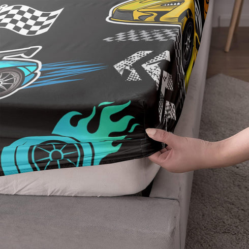 Set 2 Sets. HOSIMA Cartoon Sports Car Bedding - Queen Size, Fast and Furious Racing Car Pattern with Pillowcases, Black