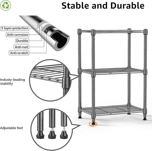 MZG Steel Storage Shelving Unit, 3-Tier Utility Steel Organizer Wire Rack for Home, Kitchen, Office (11.8" D x 17.7" W