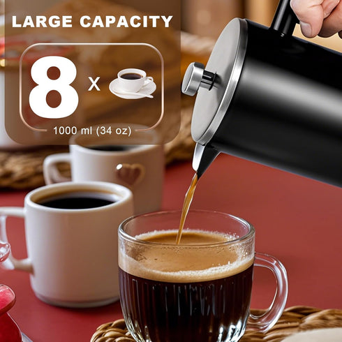SZHETEFU 34 OZ 4-8 Large French Press, Premium Stainless Steel Sturdy Insulated French Press Coffee Maker, Cups French