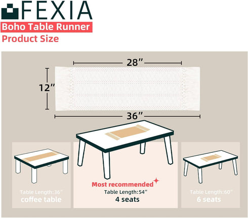 36 Inches (12x36 Inches) FEXIA Boho Macrame Table Runner with Tassels Long Cream for Farmhouse Home Decor Bohemian