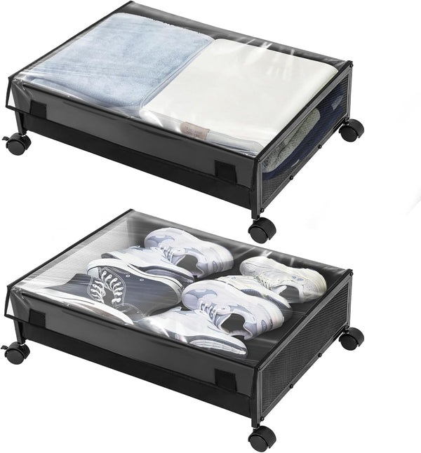 Under Bed Storage Containers Drawers on Wheels, Organizer with Dust Cover, 2 Pack (Black/Solid Fabric)