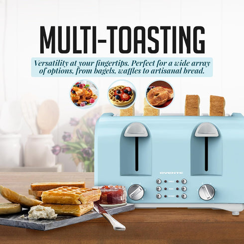 OVENTE 4-Slice Toaster with Extra Wide Slots, 6-Shade Browning Setting, 1400W Countertop Toaster, Light Blue TS4410LBL
