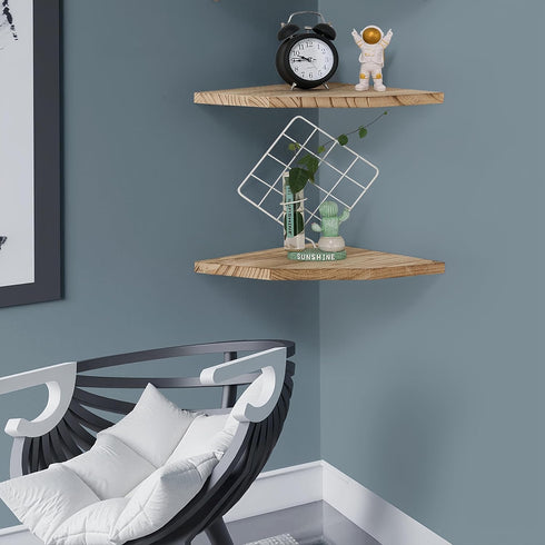 Set 2, (Carbonized-12 inch) Joiishom Wood Corner Wall Shelves of Solid Wood Corner Floating Shelves, Round End Wall