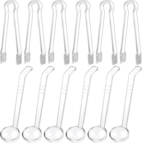 Domensi 12 Pieces Small Ladles Set, 6 Pcs Clear Plastic Tongs and 6 Pcs 1 oz Small Gravy Ladles for Kitchen Buffet