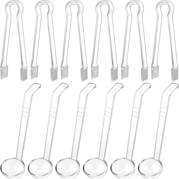 Domensi 12 Pieces Small Ladles Set, 6 Pcs Clear Plastic Tongs and 6 Pcs 1 oz Small Gravy Ladles for Kitchen Buffet