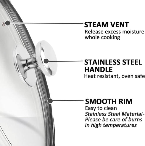 Glass Lids for Frying Pans & Pots, Tempered Covers with Stainless Steel Rim & Handle, Dishwasher Safe