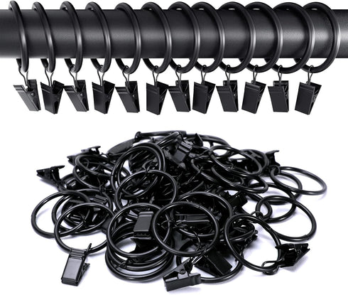 Lansian 72 Pack Curtain Rings with Clips Hooks, Rustproof Matte Metal Stainless Steel Drapery Rings, Vintage Black