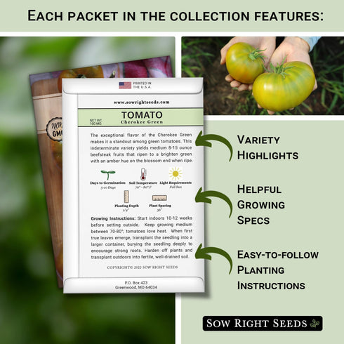 Hillbilly, Sow Right Seeds - Rare Colorful Heirloom Tomato Seed Collection for Planting - Cherokee Green, Black Krim