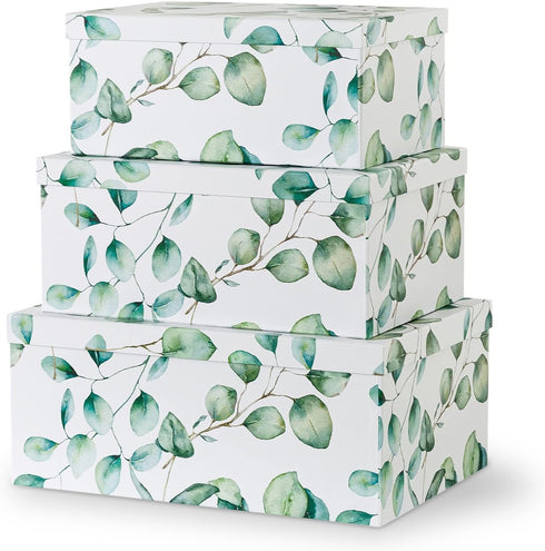Soul & Lane Decorative Cardboard Boxes for Home Décor - Eucalyptus Leaves - Set of 3 Nesting Boxes with Lids for