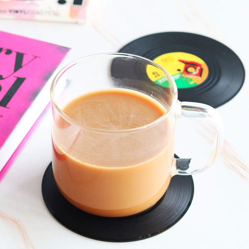 Funny Retro Vinyl Record Coasters for Drinks with Vinyl Record Player Holder for Music Lovers, Set of 6 Conversation