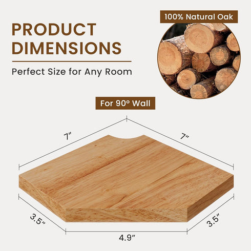 7in 1 Pack) Fun Memories Corner Shelf Wall Mount, Solid Oak Wood Floating Corner Shelves with Cable Hole, Rustic Design
