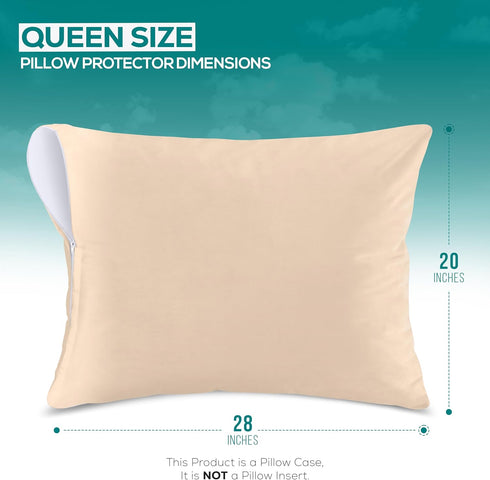 Utopia Bedding Zippered Waterproof Pillow Protectors Queen Size (2 Pack, Beige), Bed Bug Proof Encasement Covers 20 x