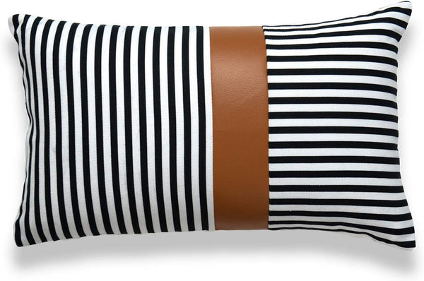 Hofdeco Faux Leather and 100% Cotton Pillow Cover Only, Camel Black Stripes, 12"x20"