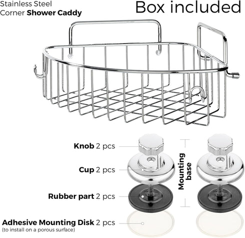 Corner Shower Caddy with Suction Cups and 3M Adhesive Mounting Discs, Stainless Steel Basket for Bathroom Storage