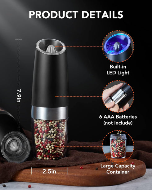 Set, FORLIM Gravity Electric Salt and Pepper Grinder Automatic Pepper Grinder Shakers Mill, Upgraded Batteries Powered