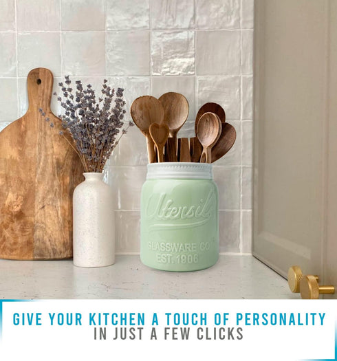 Comfify Wide Mouth Mason Jar Utensil Holder, Decorative Kitchenware Organizer Crock, Green, Large Size 7" Height