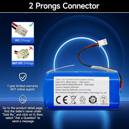 Replacement Shark RVBAT850 Battery for Shark Ion R75, R85, RV850, 3200mAh 14.4v/14.8v (2-Prong connector)