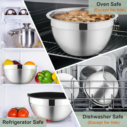 P&P CHEF Set of 6 Mixing Bowls with Black Lids, Stainless Steel Nesting Salad Bowl & 3 Grater Attachments for Prepping