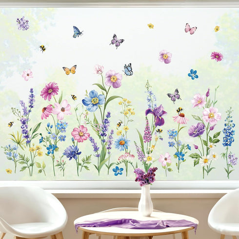 decalmile Summer Garden Flower Double Sided Window Clings, Spring Wildflower Purple Floral Iris Butterflies Decals