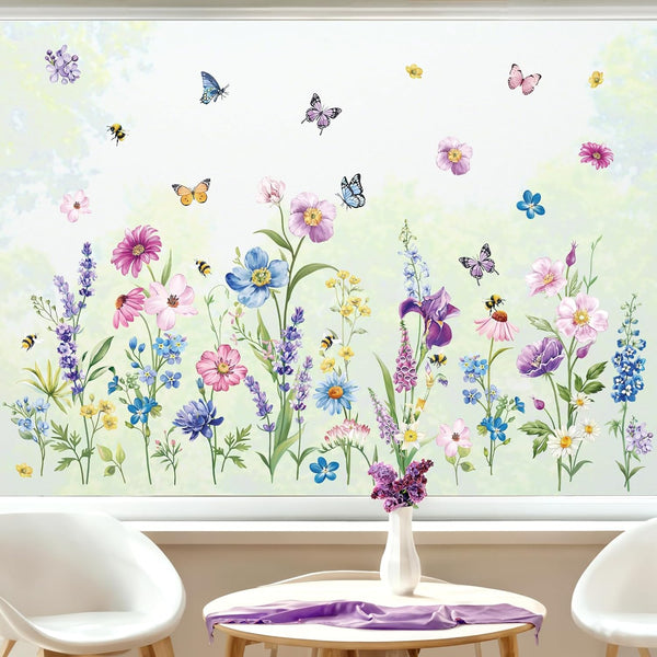 decalmile Summer Garden Flower Double Sided Window Clings, Spring Wildflower Purple Floral Iris Butterflies Decals
