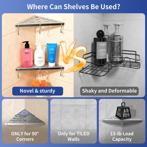 Generic 2 Pack Shelf,10-Inch 304 6 40 lbs Corner Shower Stainless Steel Bathroom Shelves with Hooks Heavy Duty Capacity