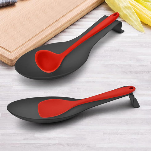 LIANYU Black Stainless Steel Spoon Rest Set of 2, Spatula Ladle Utensil Holder for Kitchen Counter, Dishwasher Safe.