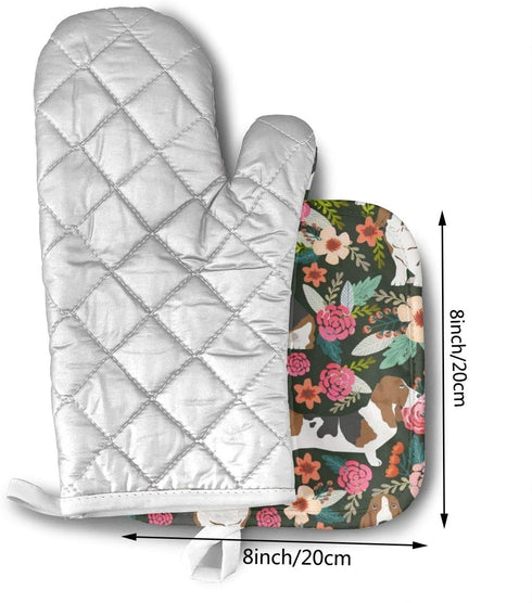 Basset Hound Florals Oven Mitts and Pot Holders, Heat Resistant Kitchen Bake Gloves, Soft Cotton Lining, 2 Pieces