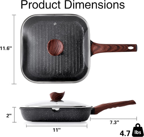 Nonstick 11 Inch Square Grilling Pan with Lid for Stove Tops, Granite Coating Grill Skillet for Indoor Cooking, PFOA