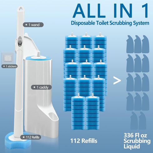 Disposable Toilet Brush and Holder Set-1 Toilet Bowl wand, 1 Caddy and 112 Toliet wand refills for Efficient and Deep Scrub Bathroom, Wall-mount Toilet Brush, 1 Pack.