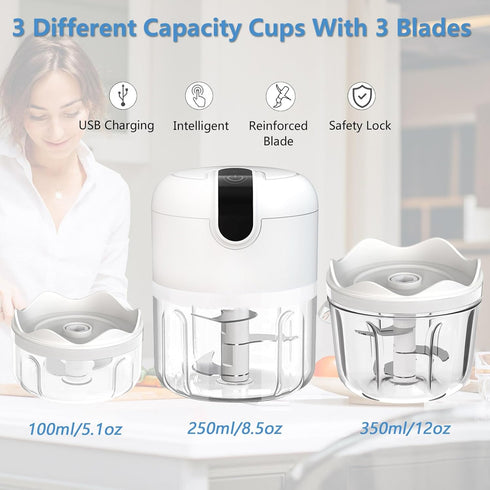 (100+250+350ML) White 3 CUP Cordless Mini Food Chopper,Small Food Processor for Garlic,Nut,Meat by Pogeair