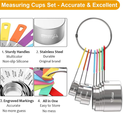 Wildone 8-Piece Measuring Cups Set, Stainless Steel Nesting Cups for Dry and Liquid Ingredients, Dishwasher Safe
