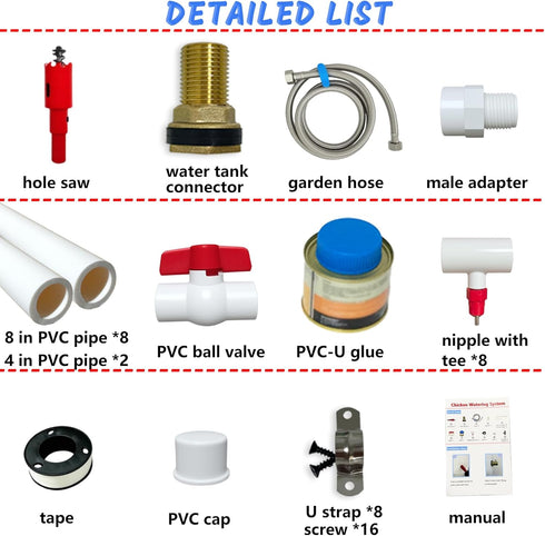 1/2" DIY Chicken Watering System - PVC Tee Fittings and Chicken Waterer Nipples with PVC Pipe, Stainless Steel Hose