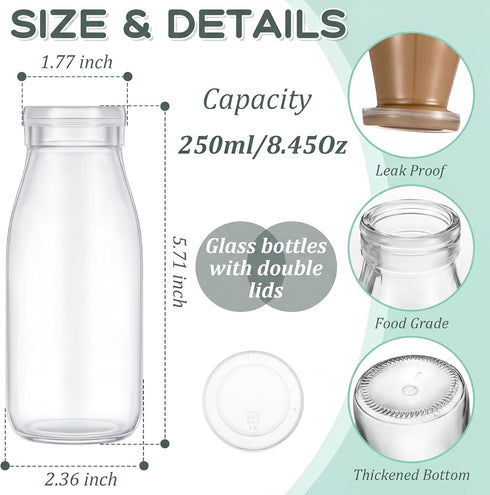 12 Pack 8 oz 24 Zubebe Glass Milk Bottles with Lids - Reusable Overnight Oats Jars for Juice, Smoothies, Yogurt