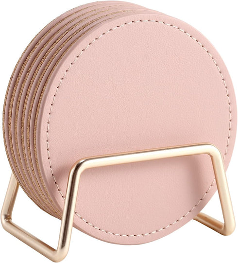 CASEGRACE Drink Coasters with Metal Holder Stand Set of 6, PU Leather